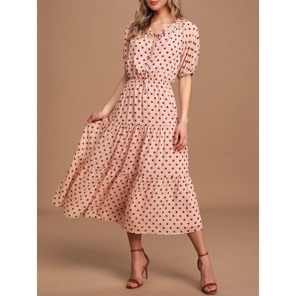 Lulus Dress sz M women Love You Tier-ly Blush Pink Polka Dot Tiered Midi Retro - Picture 1 of 16